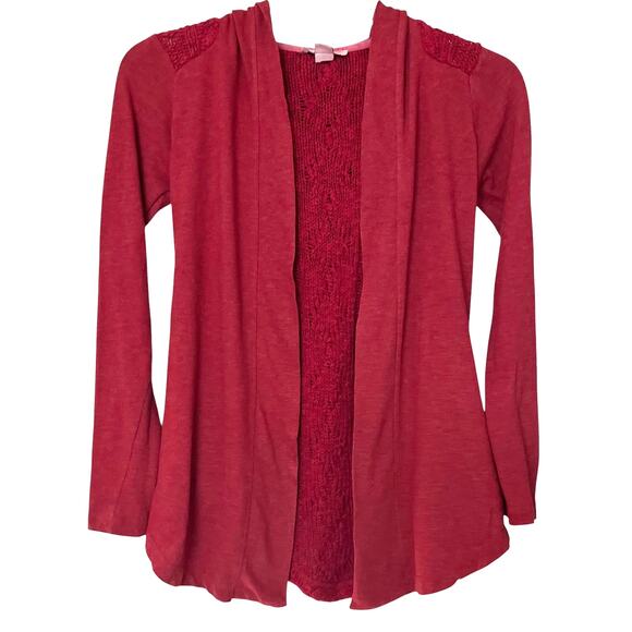 LUCKY BLISS LONG SLV OPEN FRONT HOODED CARDIGAN, WOMENS, XS-HEATHER RED, POCKETS - Picture 1 of 12